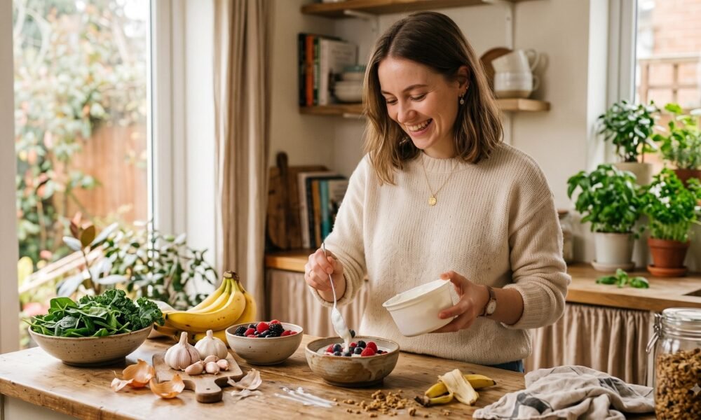 Young woman preparing a gut-friendly breakfast of yogurt and berries in a bright kitchen