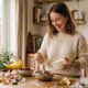 Young woman preparing a gut-friendly breakfast of yogurt and berries in a bright kitchen