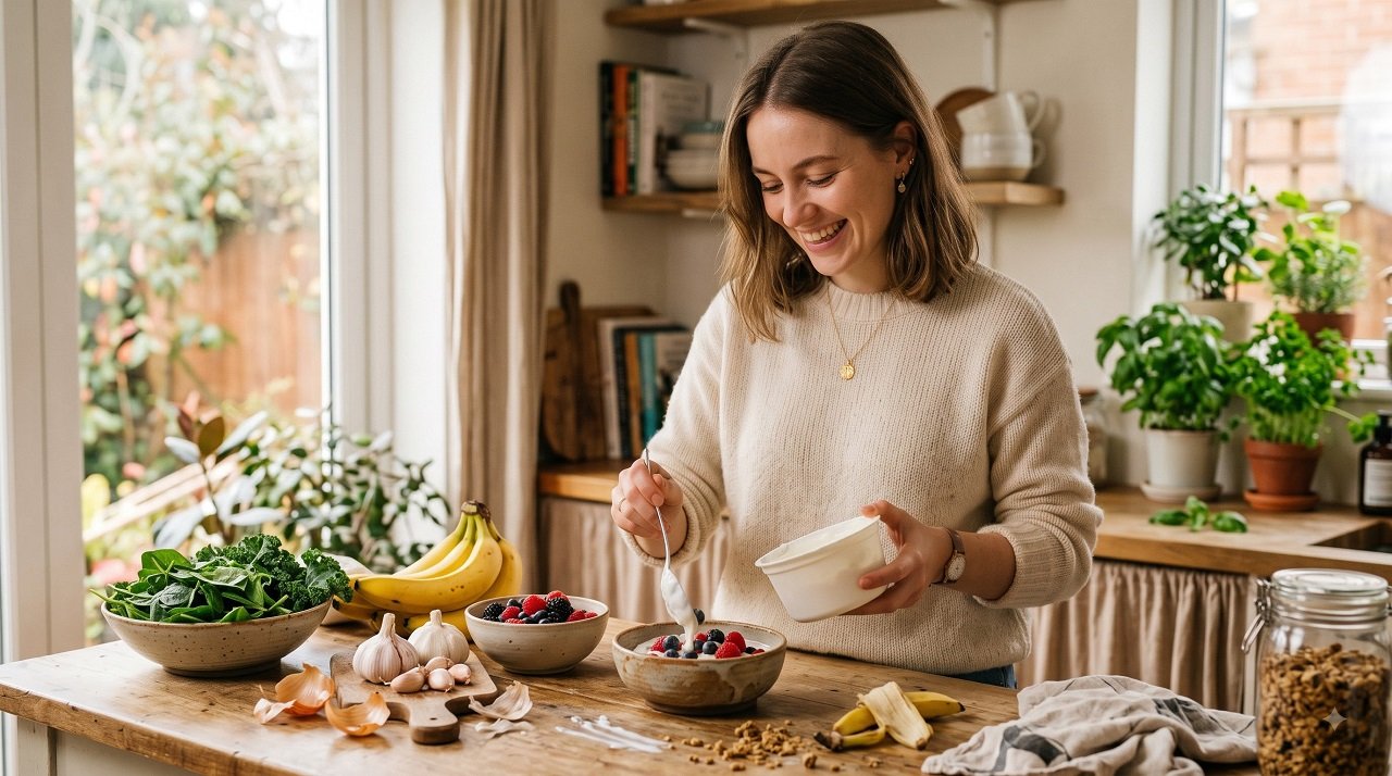 Young woman preparing a gut-friendly breakfast of yogurt and berries in a bright kitchen