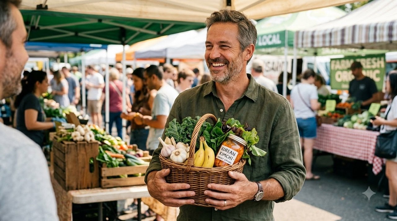 Man shopping for prebiotic and probiotic foods like garlic, bananas, and kimchi at a farmers market