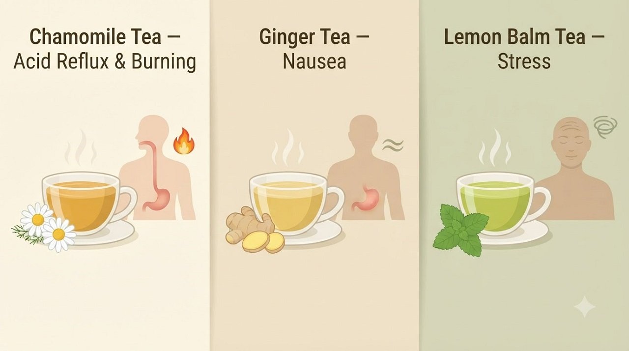 Illustration showing chamomile for reflux, ginger for general nausea, and lemon balm for stress-related stomach upset