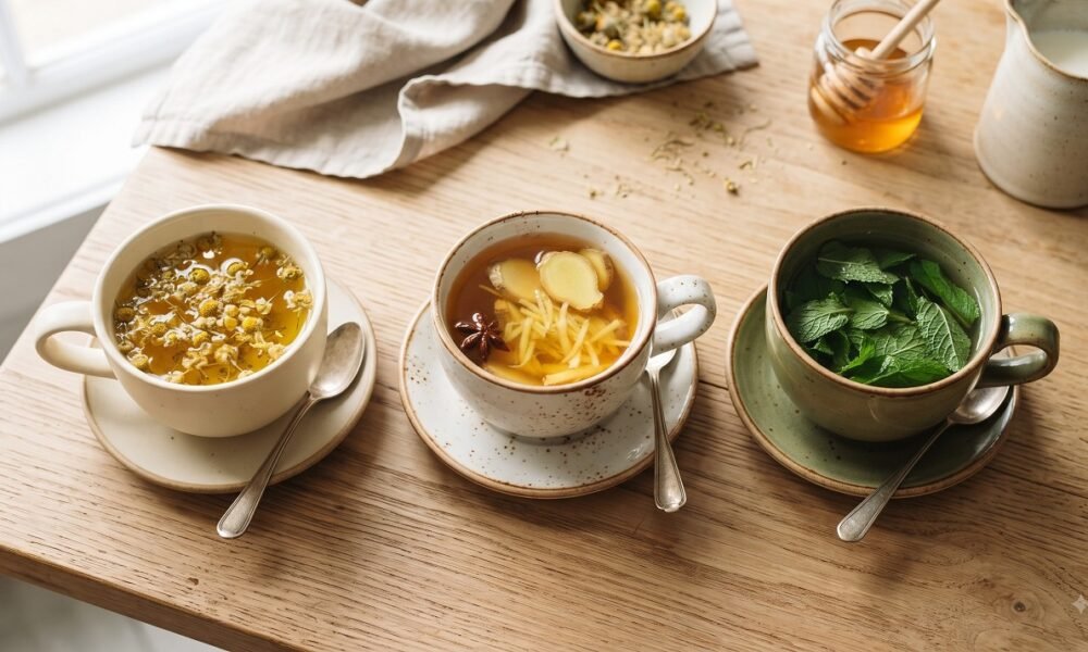 Three cups of herbal tea — chamomile, ginger, and peppermint — for upset stomach and nausea