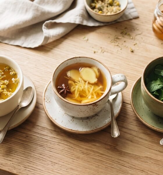 Three cups of herbal tea — chamomile, ginger, and peppermint — for upset stomach and nausea