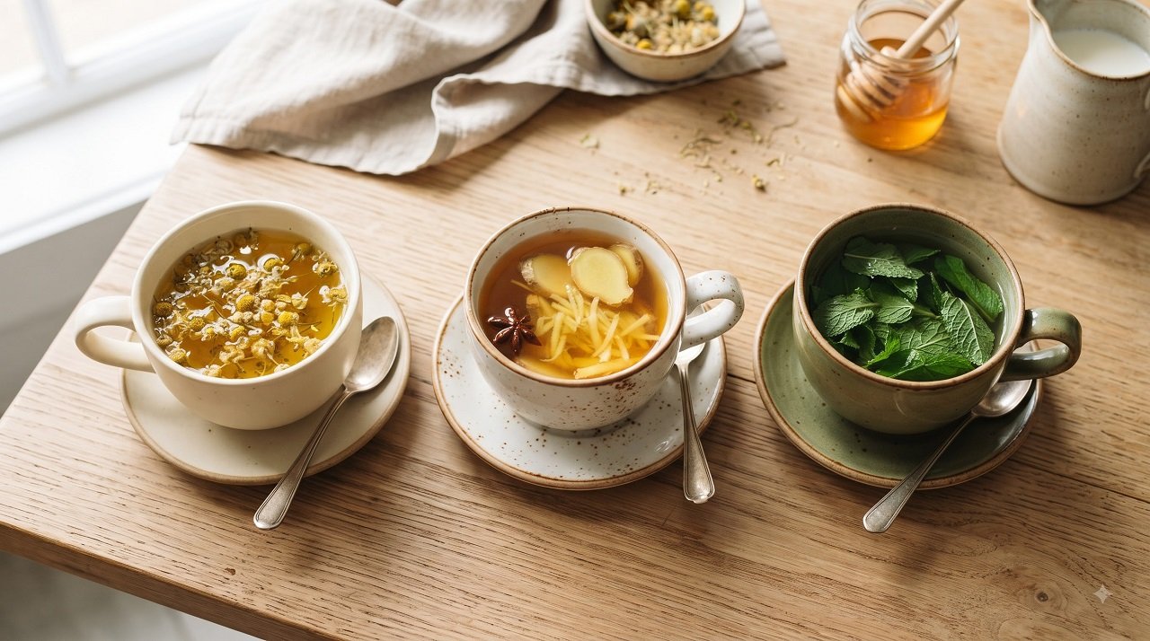 Three cups of herbal tea — chamomile, ginger, and peppermint — for upset stomach and nausea