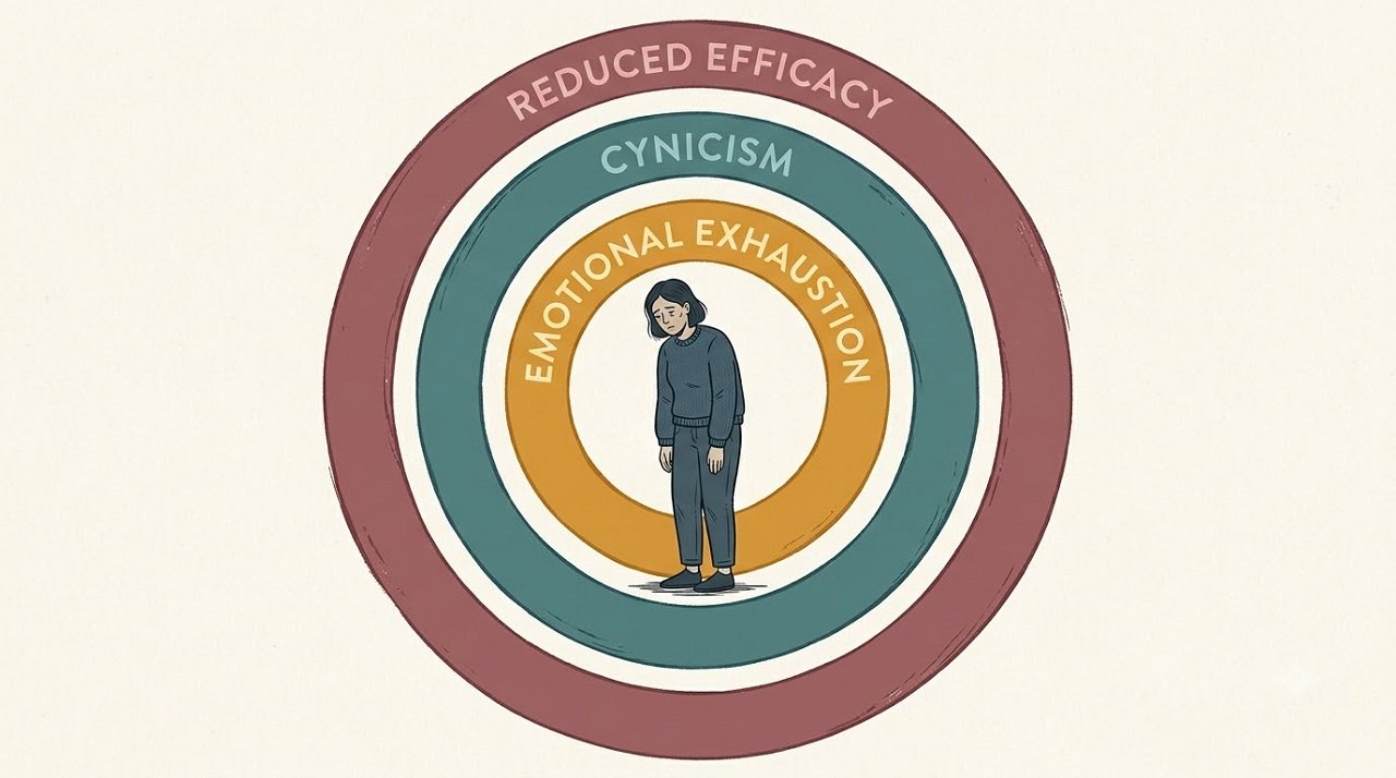 Illustration of three concentric rings representing the Maslach Burnout Inventory dimensions of emotional exhaustion, cynicism and reduced efficacy