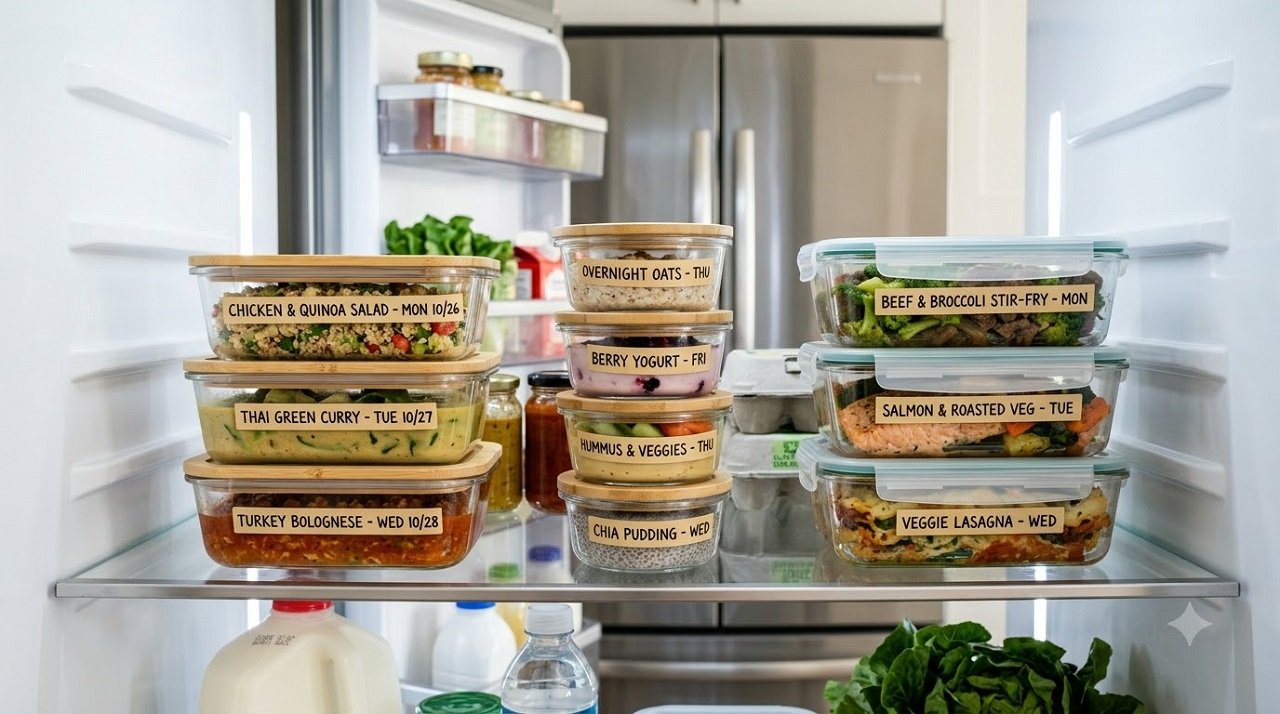 Refrigerator shelf neatly organized with stacked, labeled meal prep containers