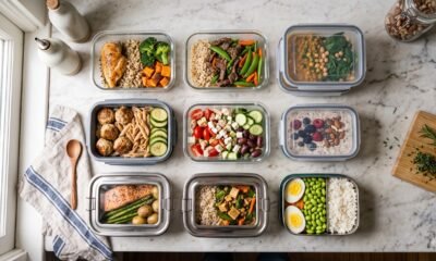 A variety of glass, plastic, and stainless steel meal prep containers filled with portioned meals