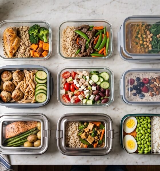 A variety of glass, plastic, and stainless steel meal prep containers filled with portioned meals