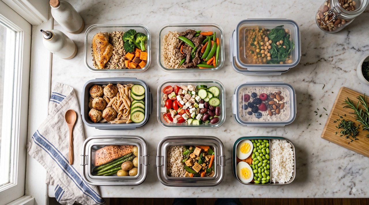 A variety of glass, plastic, and stainless steel meal prep containers filled with portioned meals