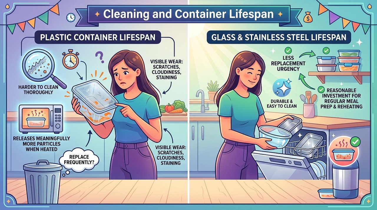Illustration comparing plastic with glass and steel containers lifespan