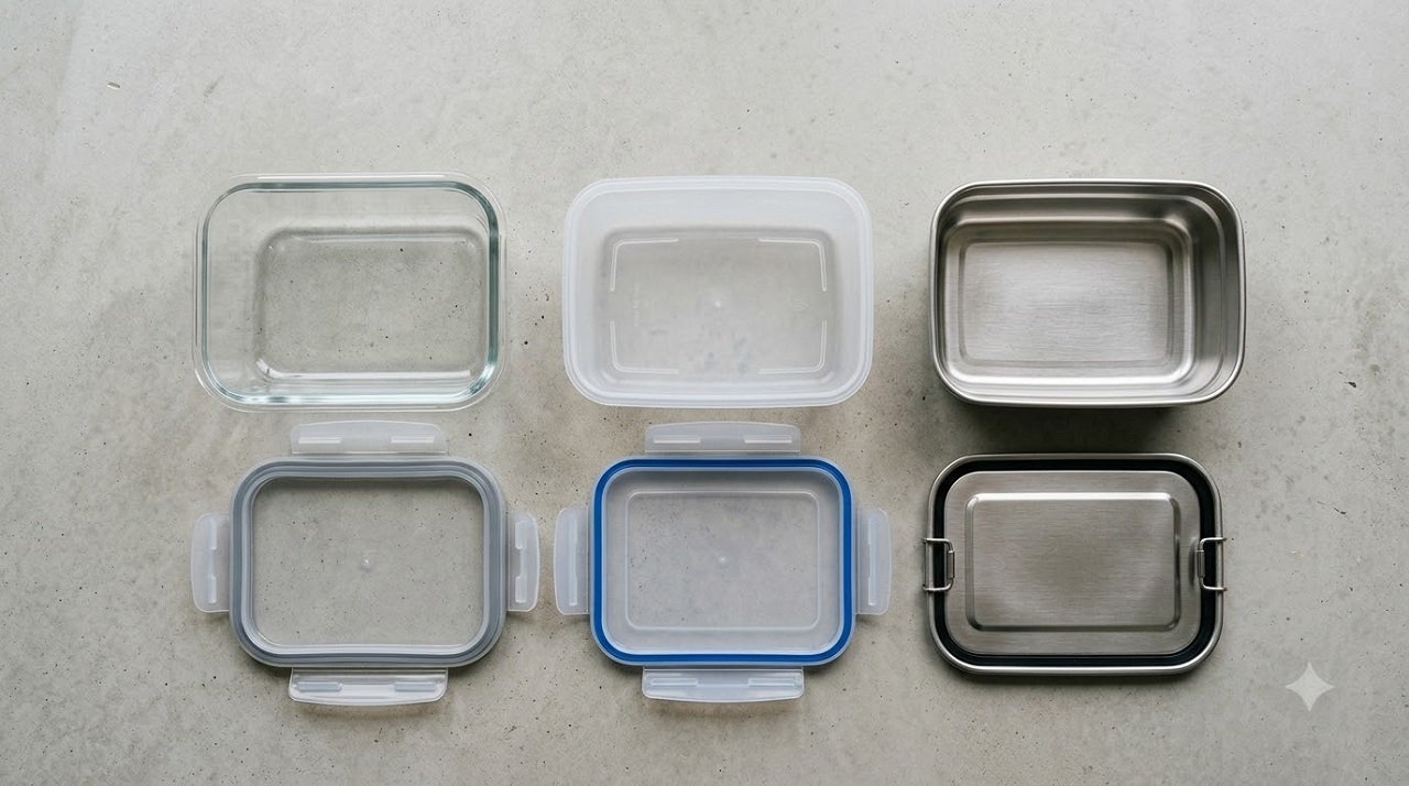 Side-by-side comparison of glass, plastic, and stainless steel meal prep containers