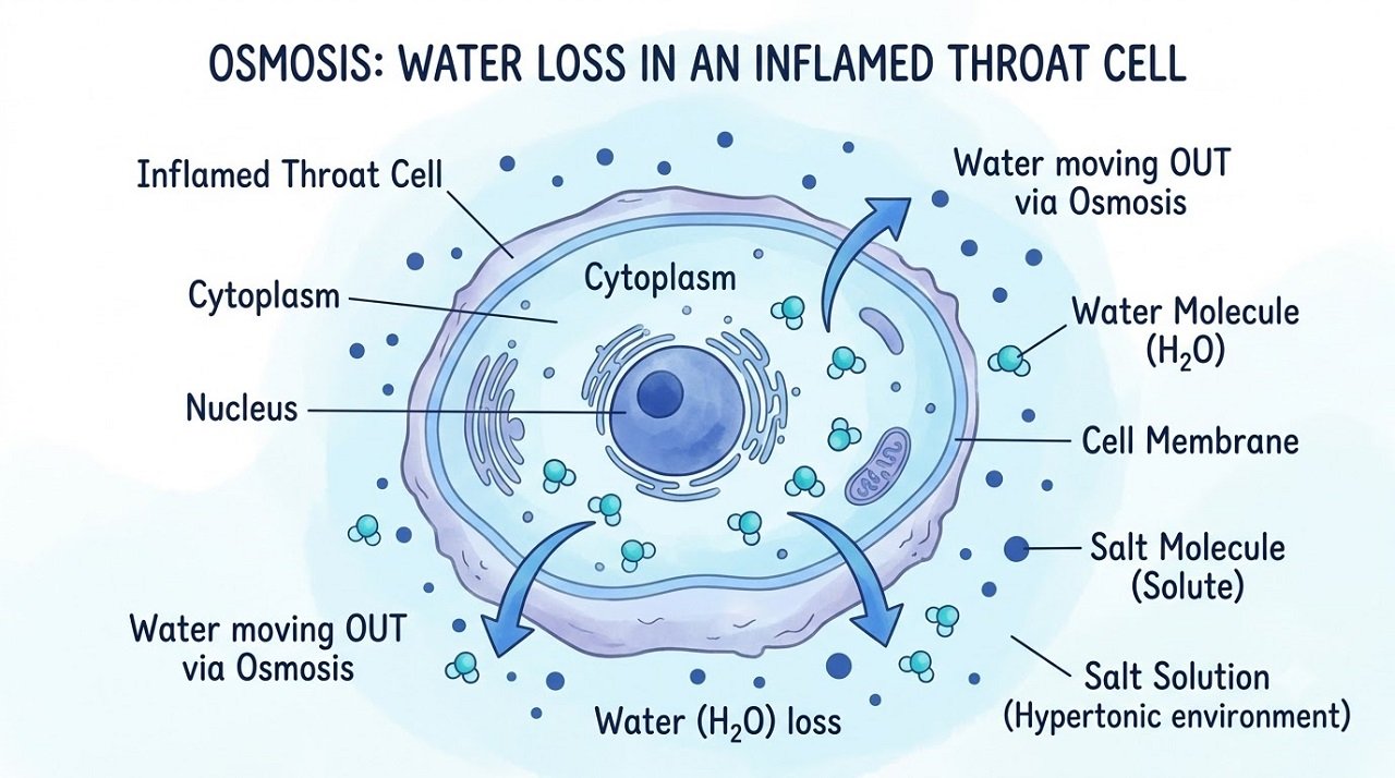 Diagram showing how salt water gargle reduces swelling in inflamed throat tissue through osmosis