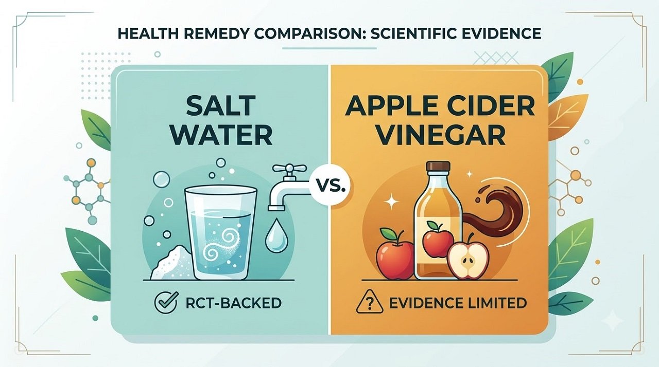Infographic comparing salt water gargle and apple cider vinegar gargle evidence for sore throat