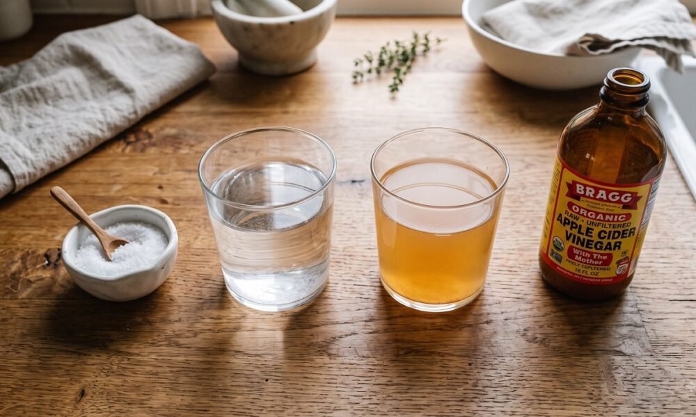 Side-by-side comparison of salt water gargle and apple cider vinegar gargle for sore throat