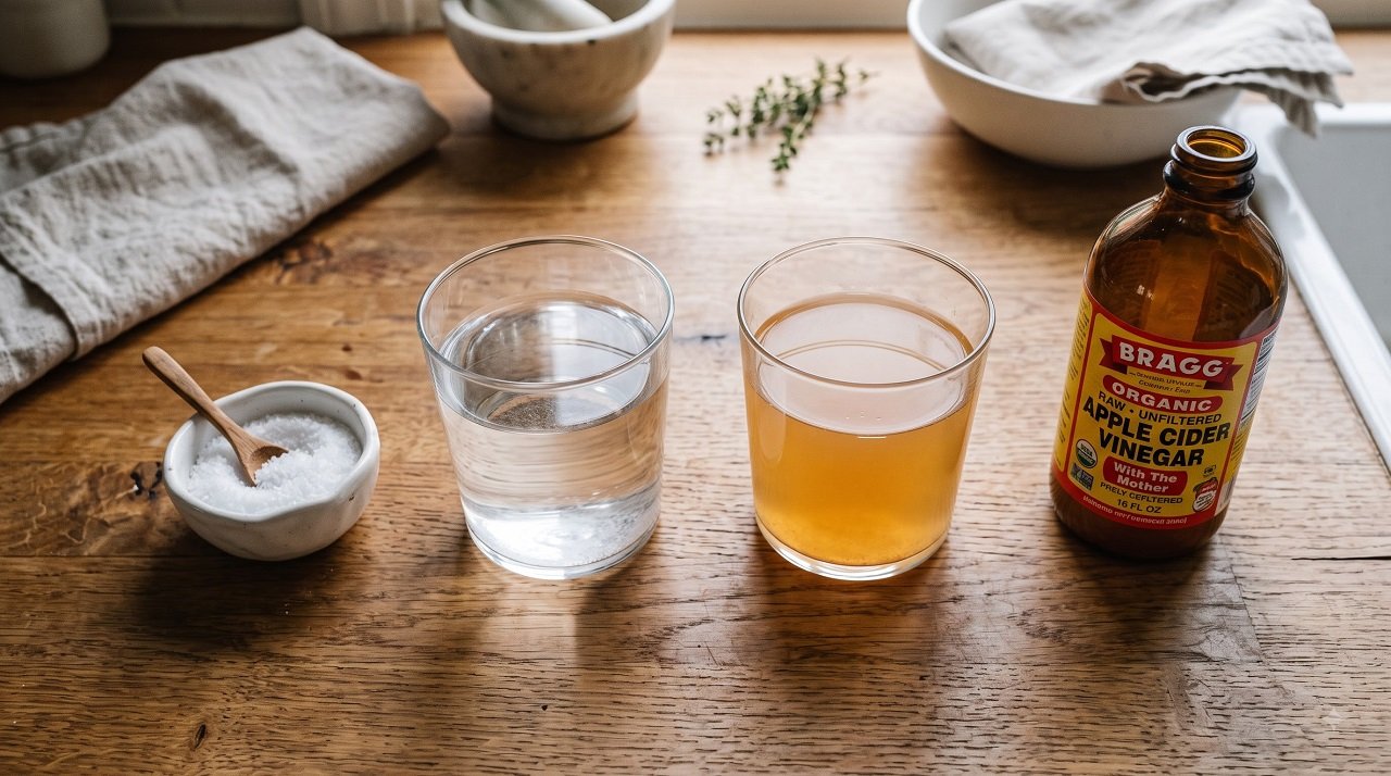 Side-by-side comparison of salt water gargle and apple cider vinegar gargle for sore throat