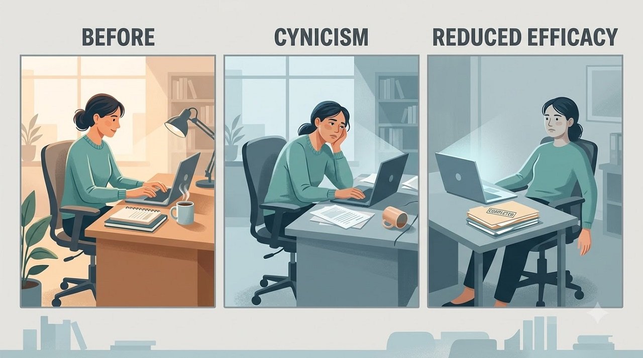 Sequential illustration showing the three burnout dimensions progressing from engagement to cynicism to reduced sense of accomplishment