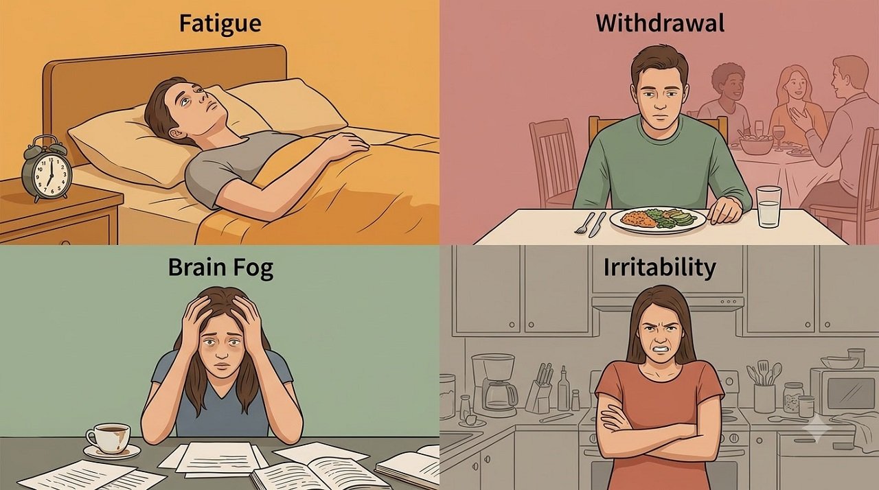 Four-quadrant illustration showing the signs of emotional exhaustion including fatigue, withdrawal, brain fog and irritability