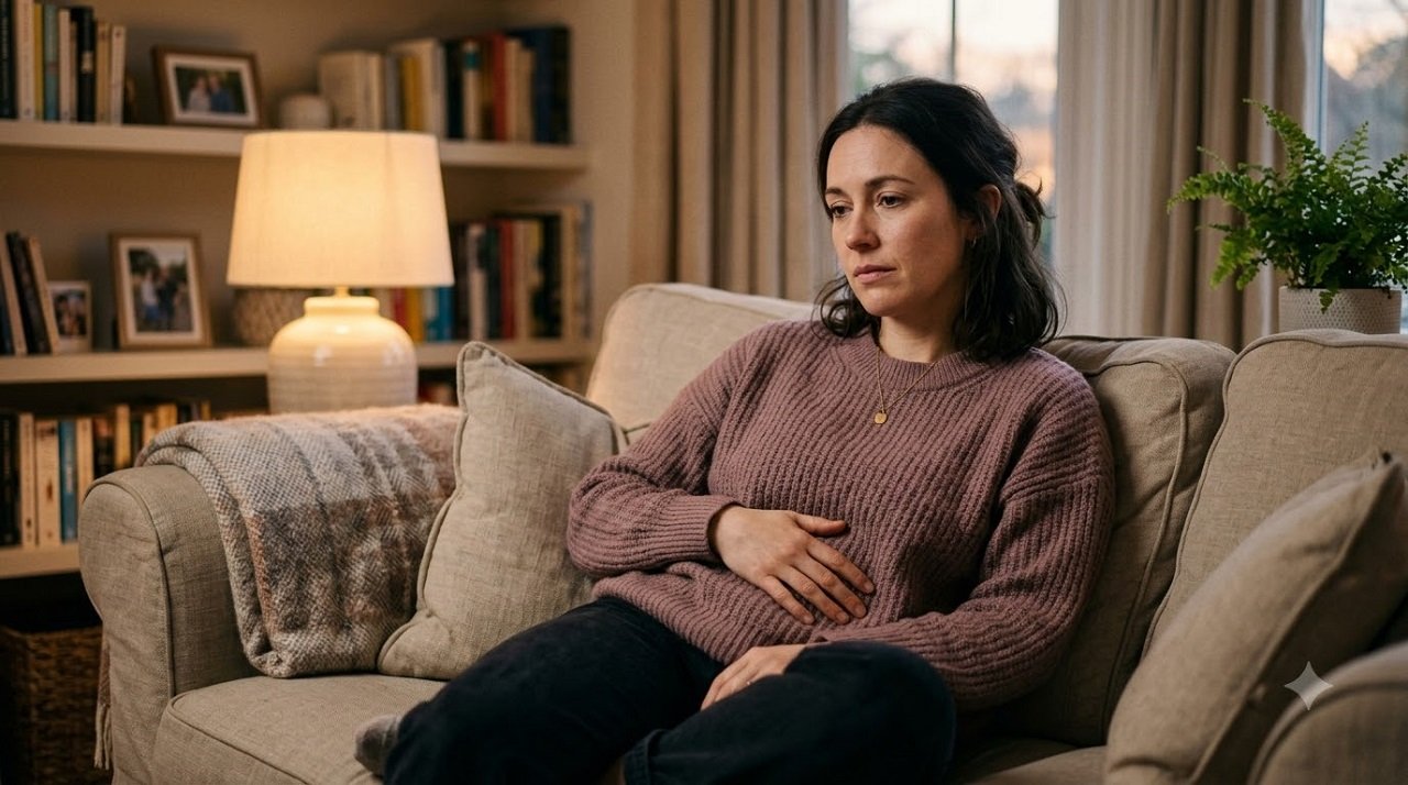 Woman experiencing stomach discomfort, a common early sign of poor gut health