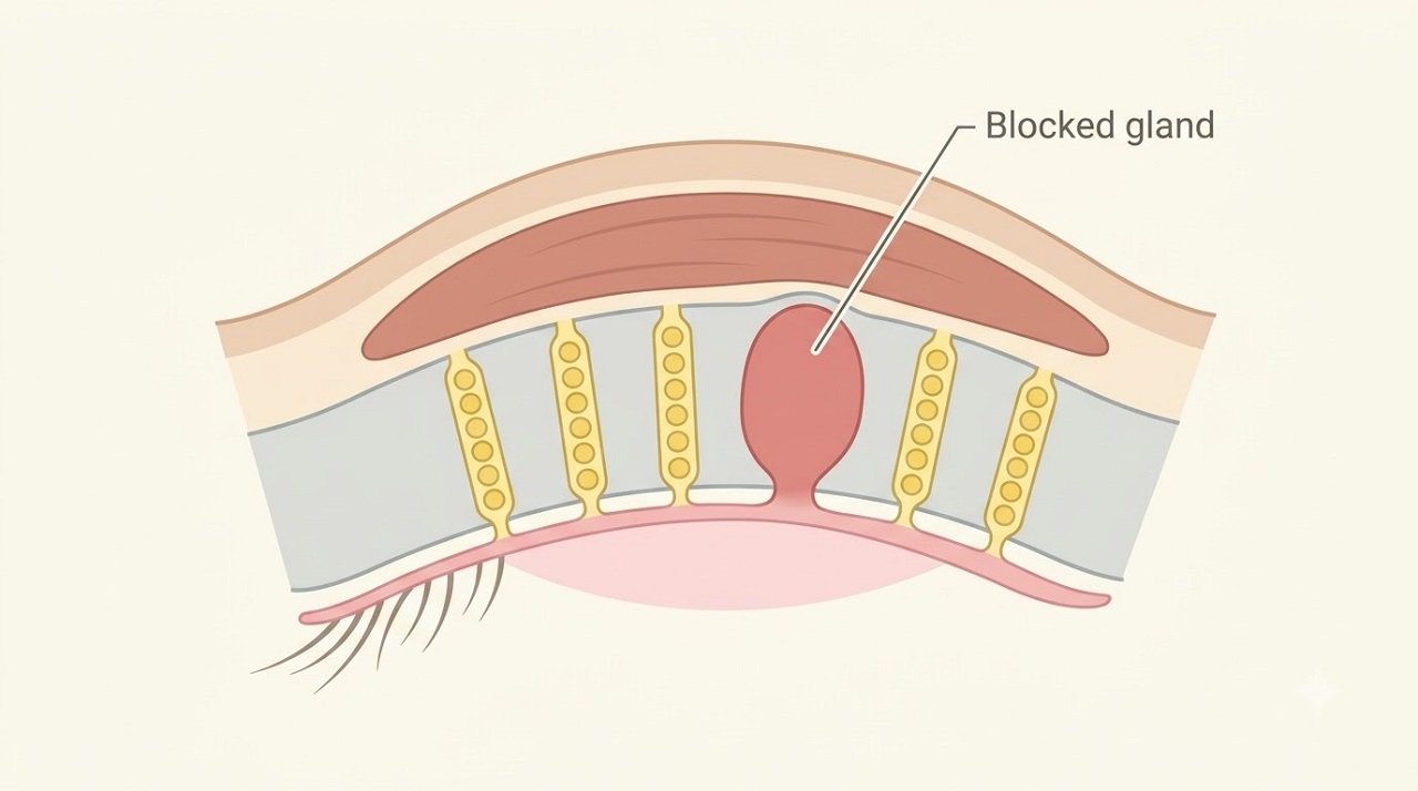 Diagram showing a blocked eyelid gland that causes a stye