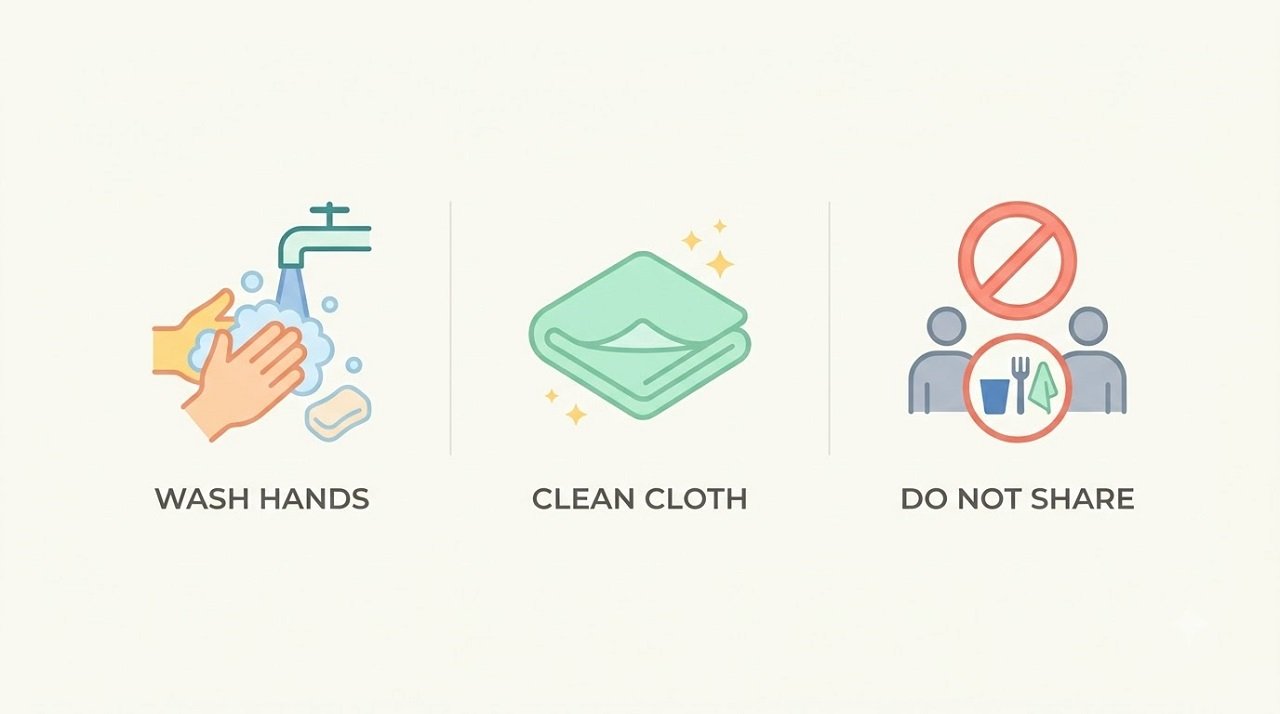 Hygiene steps for safely applying a compress to a stye, including handwashing and using a clean cloth
