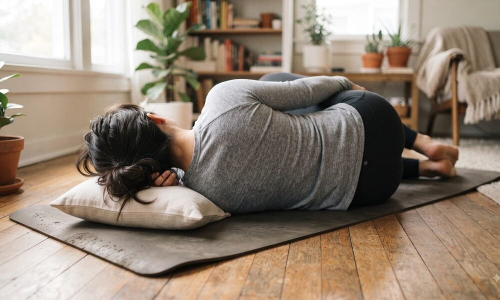 Person in the left-side-lying position for trapped gas relief