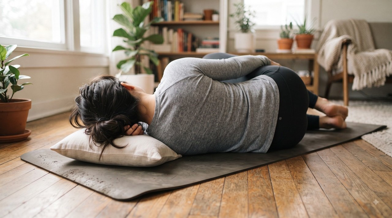 Person in the left-side-lying position for trapped gas relief