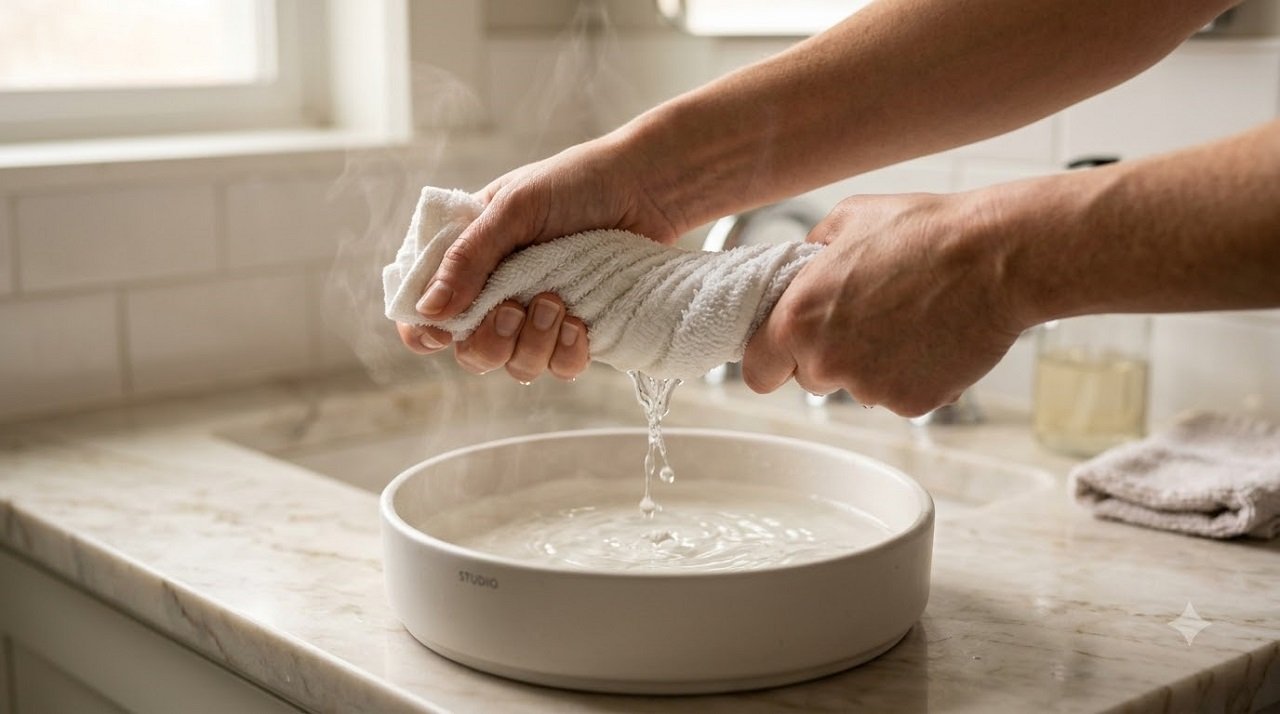 Wringing out a warm washcloth to use as a compress for stye treatment
