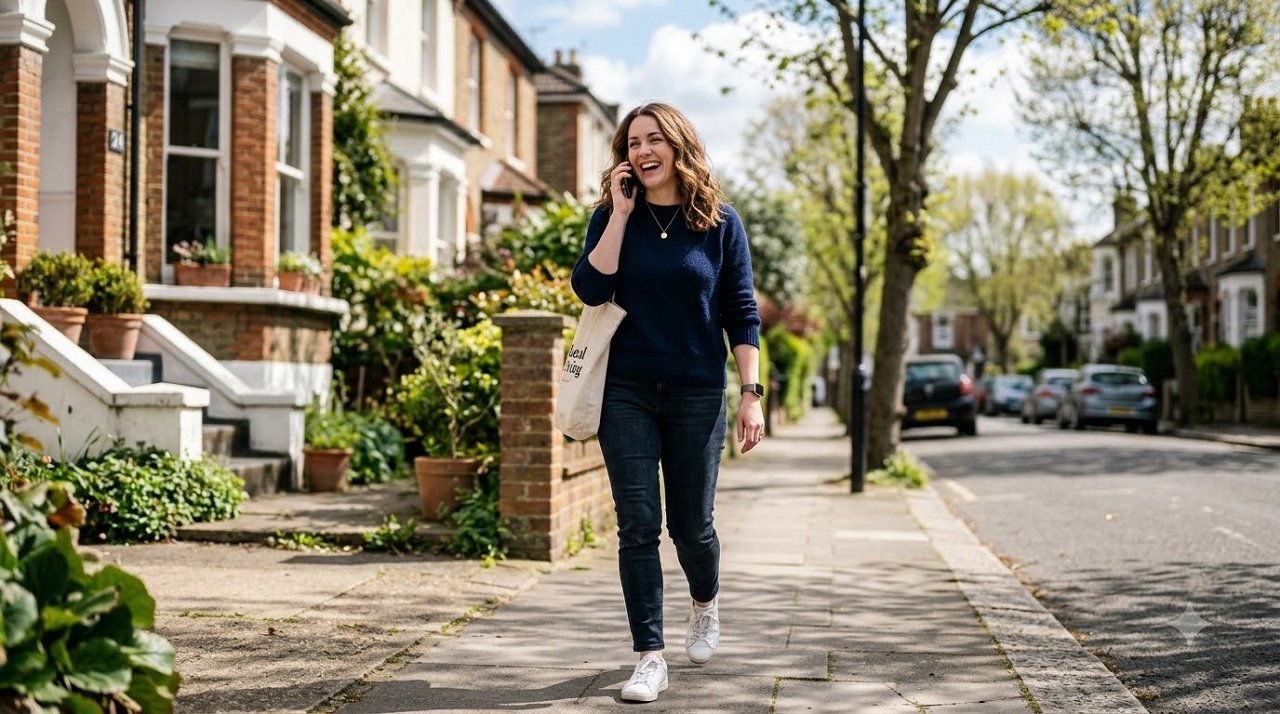 Woman taking a midday walking break outside her home as part of a healthy work-from-home routine