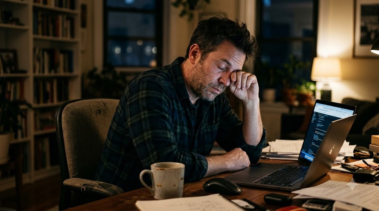 Tired man rubbing his eyes at his home desk after long hours of screen time while working from home