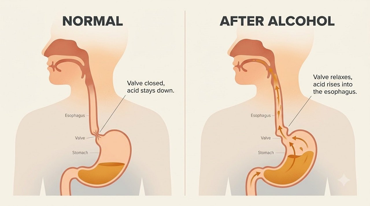 Infographic showing how alcohol relaxes the lower esophageal sphincter and lets stomach acid rise into the esophagus