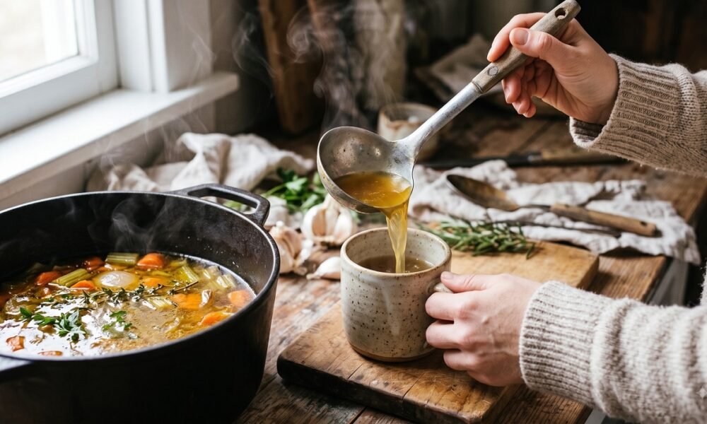 Person ladling homemade bone broth into a mug for gut health
