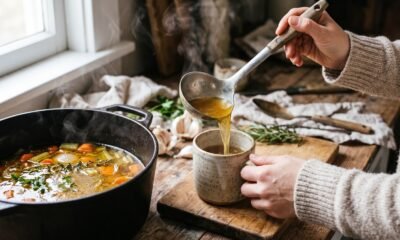 Person ladling homemade bone broth into a mug for gut health