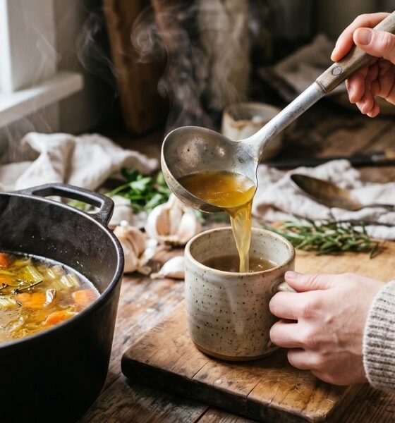 Person ladling homemade bone broth into a mug for gut health