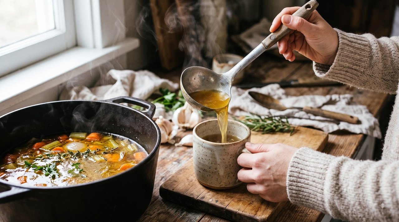 Person ladling homemade bone broth into a mug for gut health