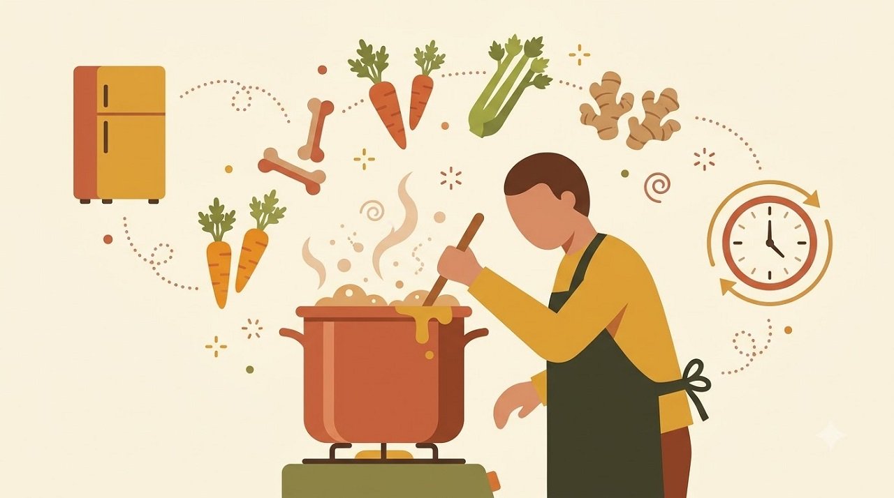 Illustration of the steps to make bone broth: ingredients, long simmer and safe storage