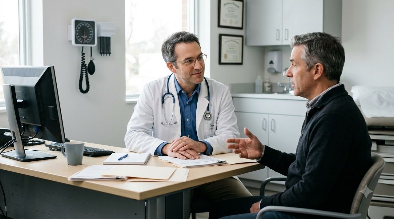 Doctor listening to a patient describe frequent heartburn during a clinic visit