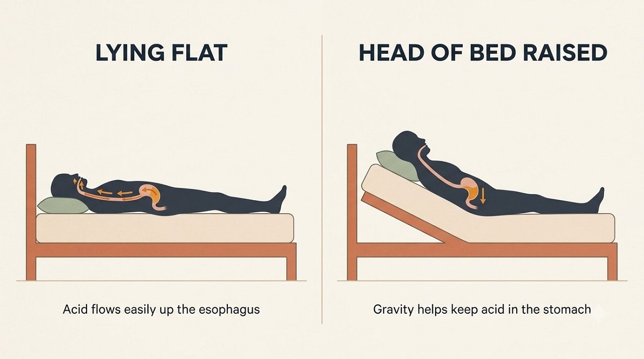 Infographic showing how raising the head of the bed helps keep stomach acid down during sleep