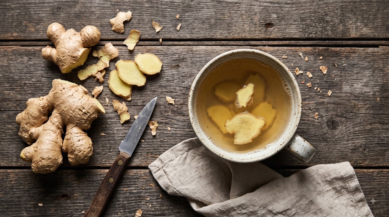 A cup of fresh ginger tea with sliced ginger root for bloating and digestion