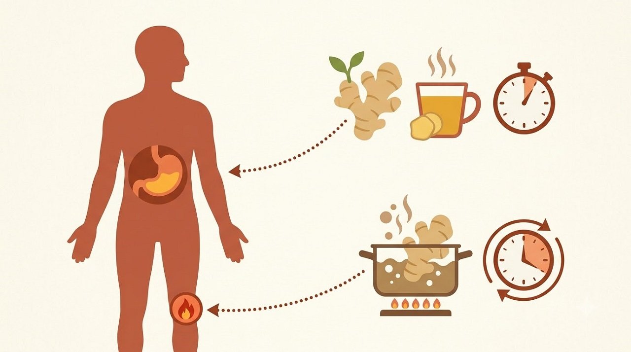 Illustration showing how ginger preparation method changes its primary effect