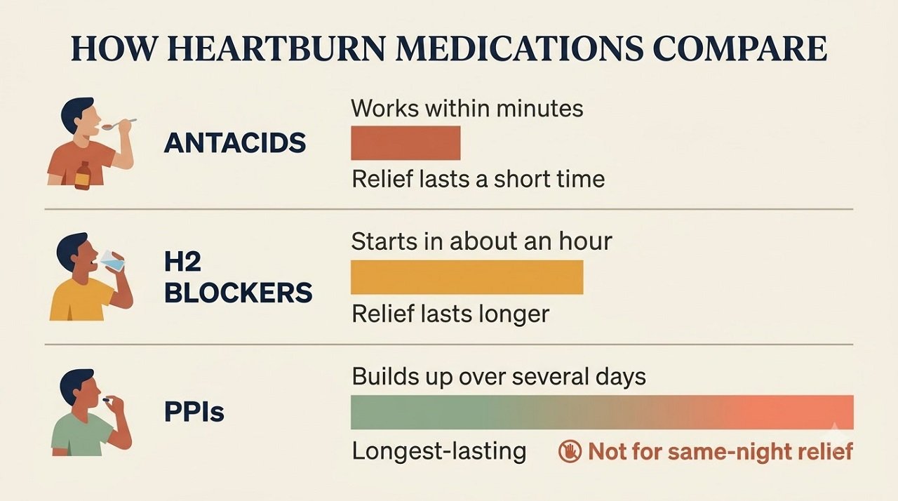 Infographic comparing how fast and how long antacids, H2 blockers, and PPIs relieve heartburn