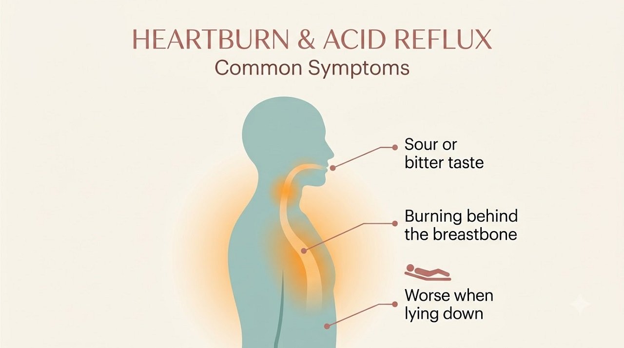 Body-map infographic showing where heartburn is felt, from behind the breastbone up to the throat