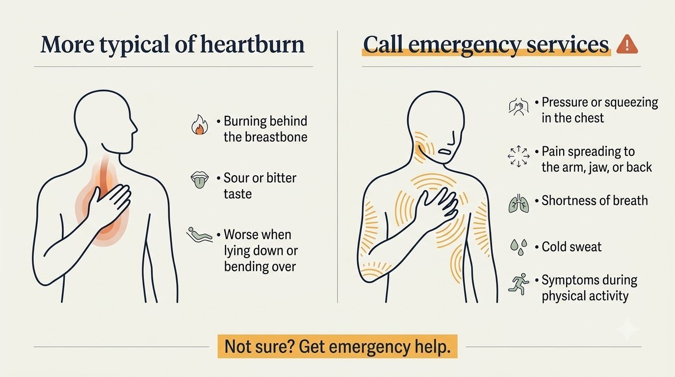 Infographic comparing typical heartburn symptoms with heart attack