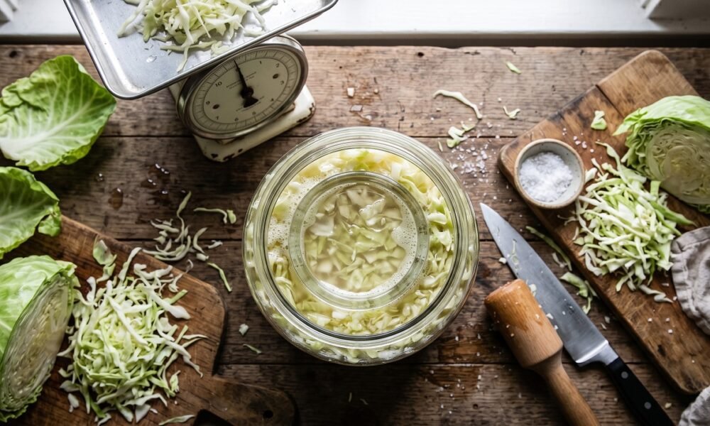 A jar of homemade sauerkraut fermenting, with a kitchen scale for precise salt measurement