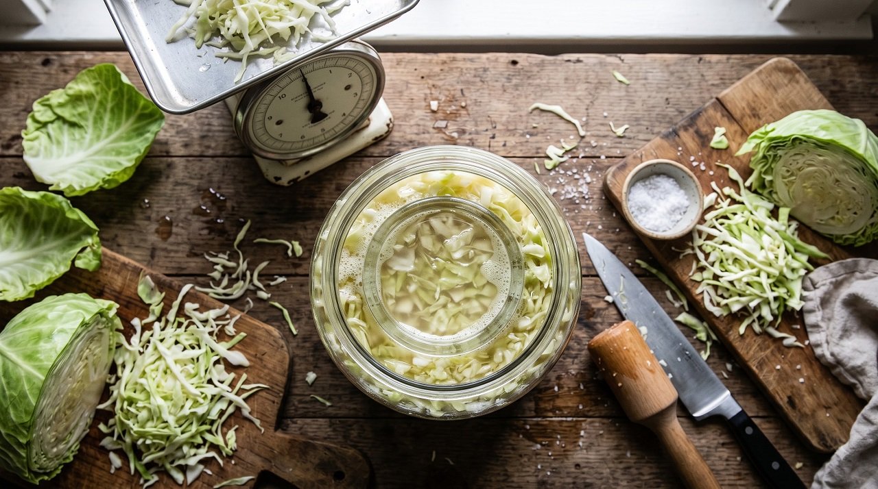 A jar of homemade sauerkraut fermenting, with a kitchen scale for precise salt measurement