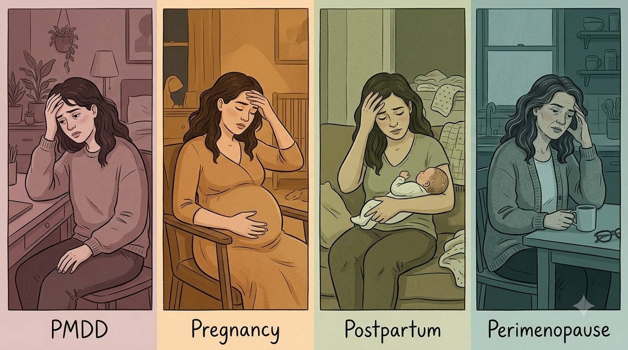 Four-panel illustration of hormonal vulnerability windows — PMDD, pregnancy, postpartum and perimenopause — as triggers for nervous breakdown in women