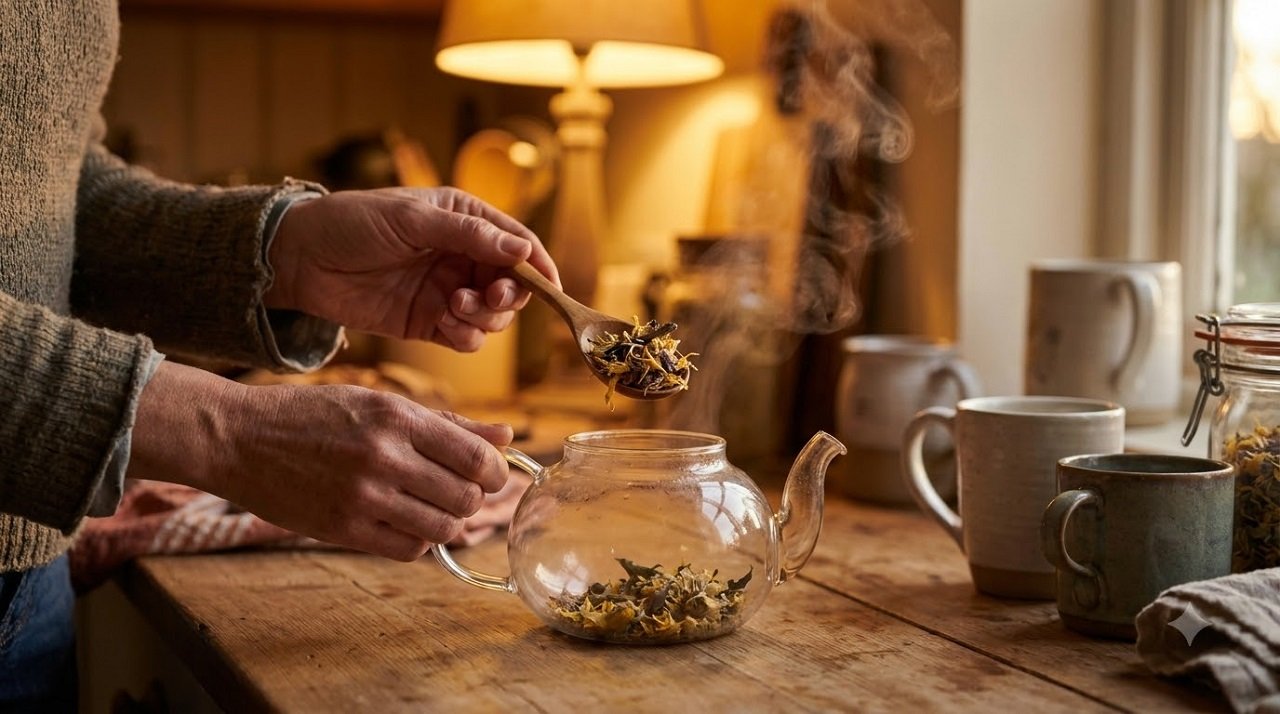 Hands spooning dried passionflower herb into a teapot for brewing