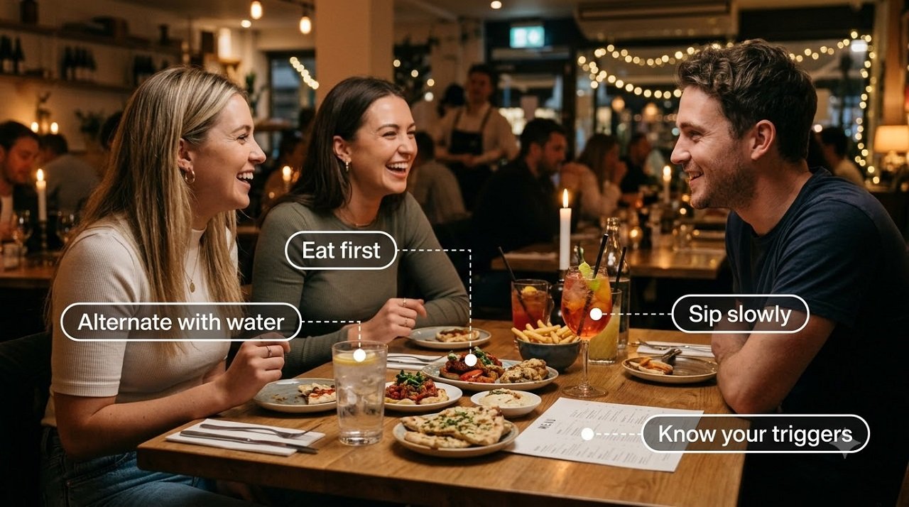 Friends at a dinner table alternating water with alcoholic drinks and eating food to reduce heartburn