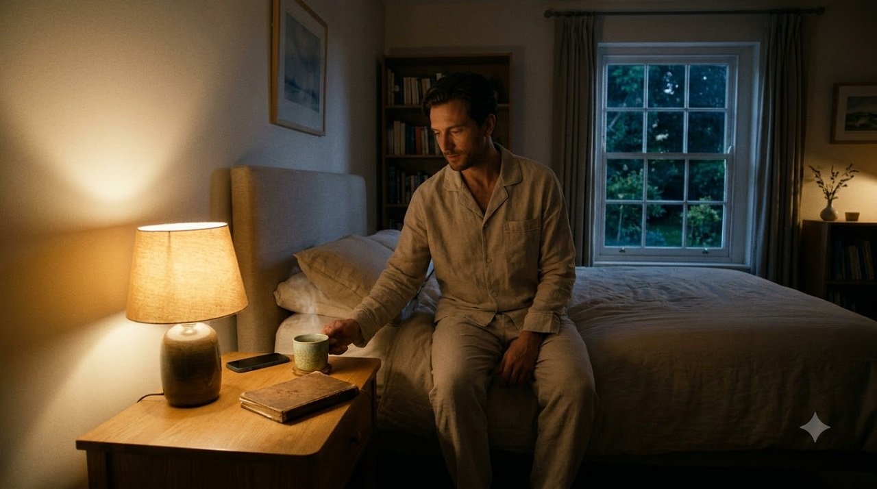 Passionflower tea placed on a nightstand as part of a calming bedtime routine
