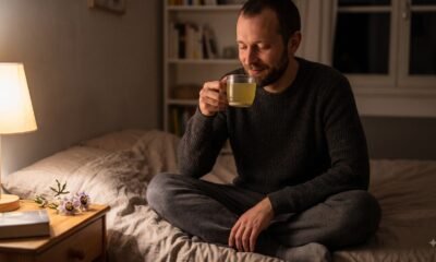 Man holding a warm mug of passionflower tea in bed at night before sleep
