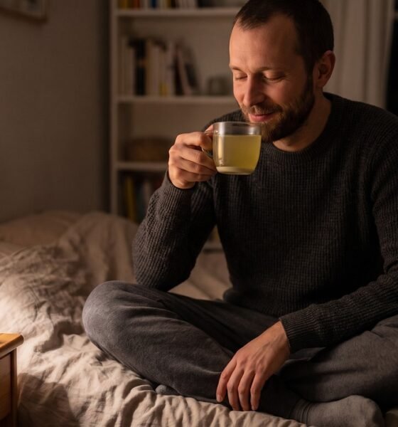 Man holding a warm mug of passionflower tea in bed at night before sleep